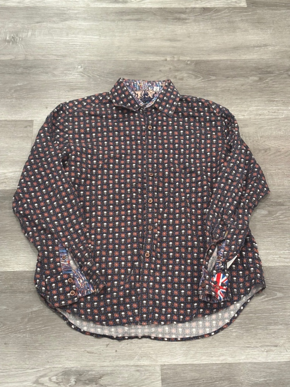 Robert Graham Shirt Men M Skull British Flag Embroidered Flip Cuff Skulls Black